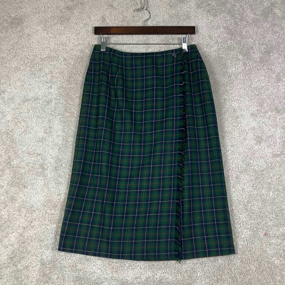 Vintage Talbots Skirt Womens 10 Green Plaid Faux Wrap Fringe Midi Wool